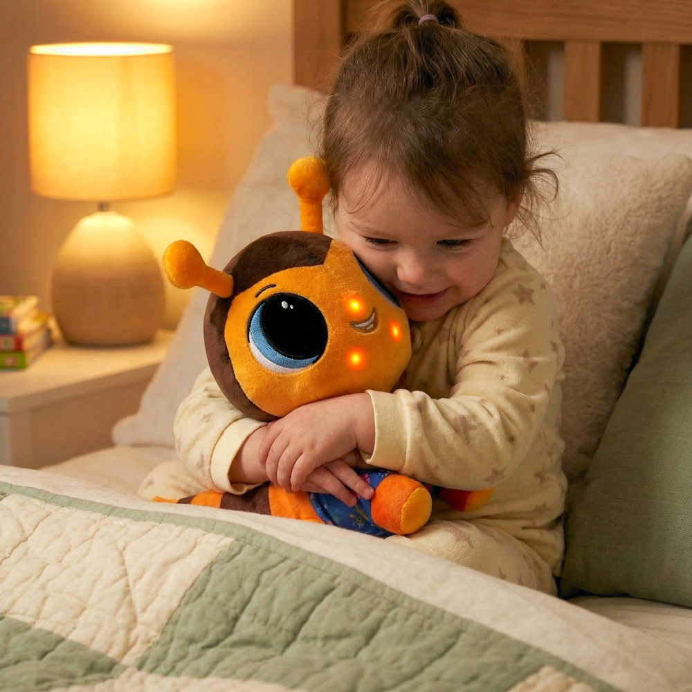 Child holding a glowing plush toy on a bed in a cozy room.