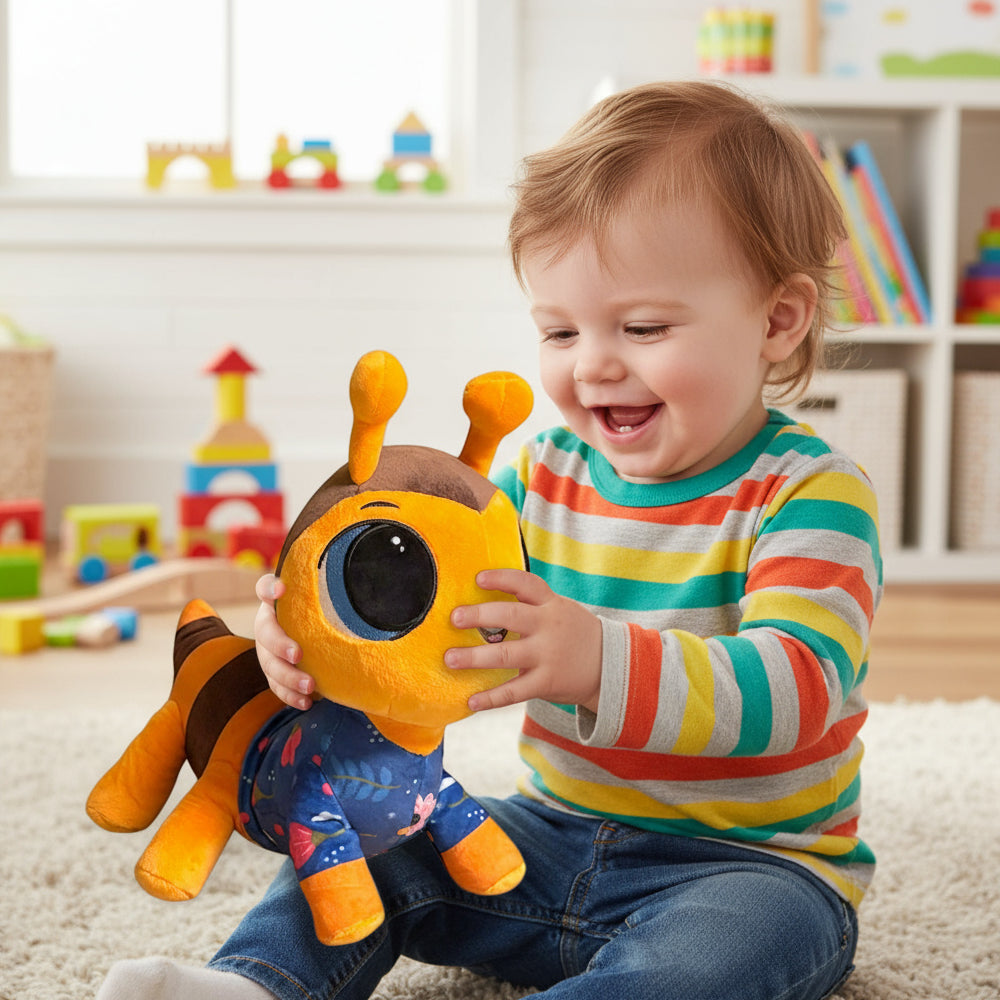 Child playing with a colorful toy in a room filled with books and toys