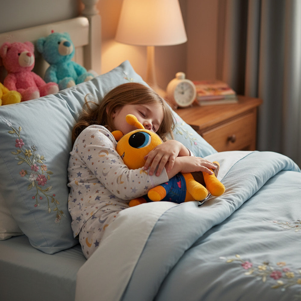 Child sleeping in bed with a plush toy, surrounded by teddy bears and a lamp in a cozy bedroom.