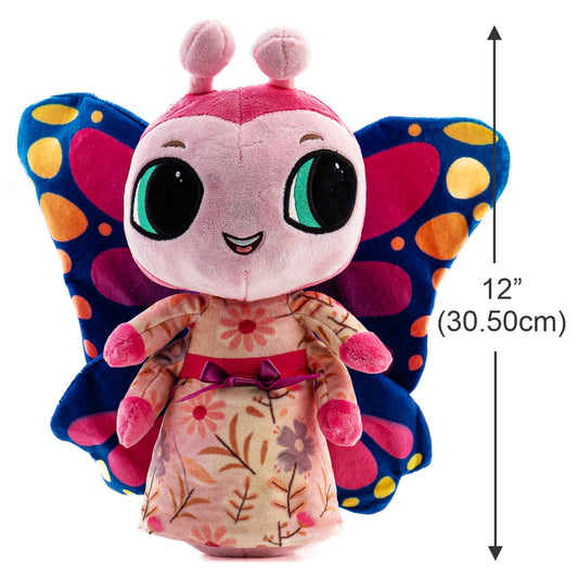 A musical plush toy, Bailie Butterfly hums the lullaby, Beautiful Dreamer. Bailie Butterfly is pictured as a front view with measurements, it stands 12 inches tall from the bottom to the top of its antenna. Bailie Butterfly plushie is ultra soft and is shown in bright pink and soft pink with big blue butterfly wings. Bailie Butterfly is wearing a cream colored night gown decorated with a floral pattern. Bailie Butterflies face also lights up with a soft soothing glow.