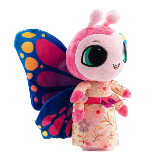 A musical plush toy, Bailie Butterfly hums the lullaby, Beautiful Dreamer. Bailie Butterfly is pictured as a side view, it stands 12 inches tall from the bottom to the top of its antenna. Bailie Butterfly plushie is ultra soft and is shown in bright pink and soft pink with big blue butterfly wings. Bailie Butterfly is wearing a cream colored night gown decorated with a floral pattern. Bailie Butterflies face also lights up with a soft soothing glow.