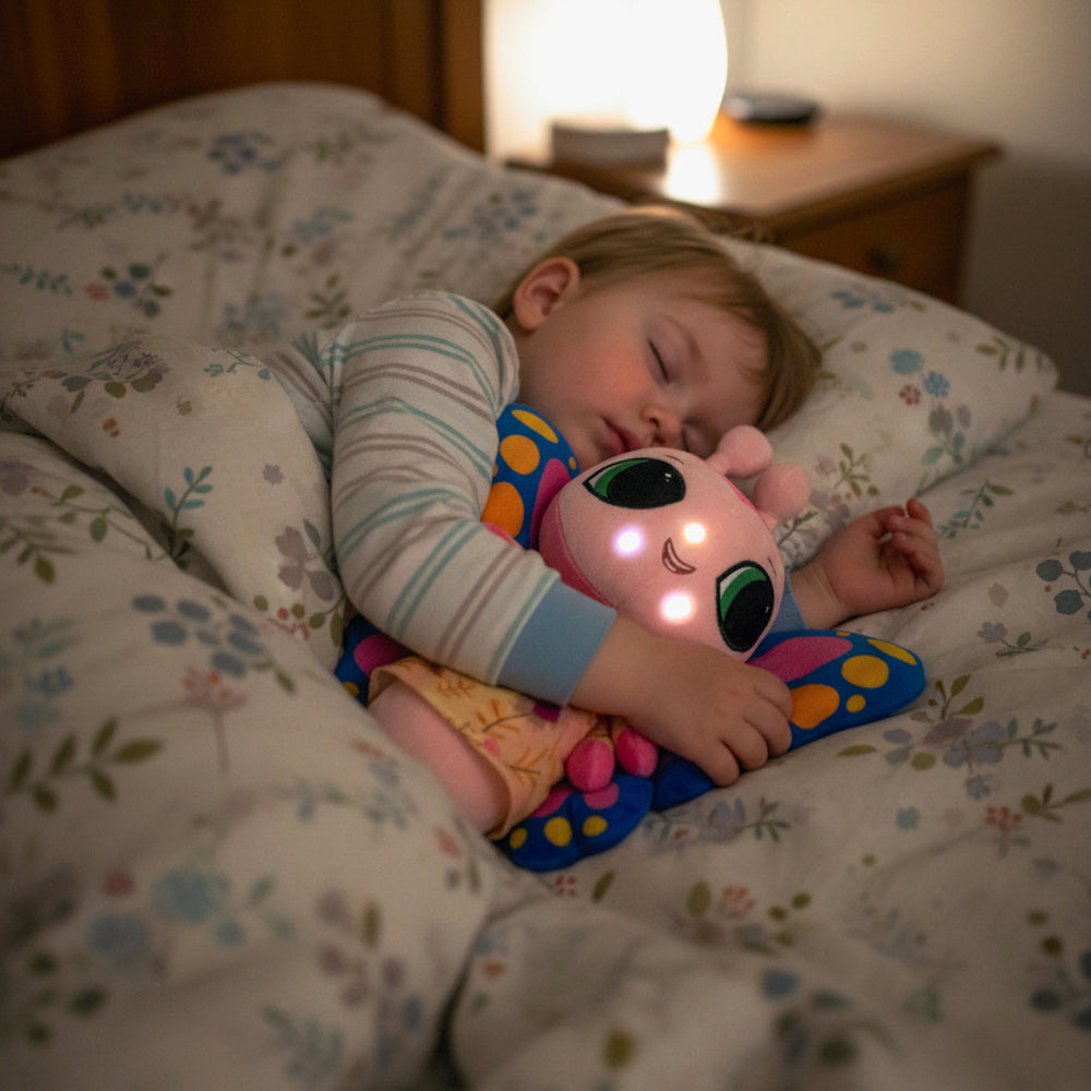 Child sleeping with a colorful plush toy on a floral bedspread