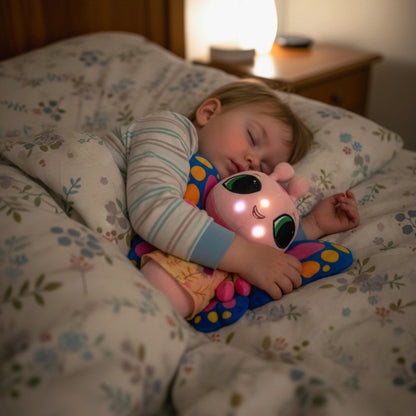 Child sleeping with a colorful plush toy on a floral bedspread