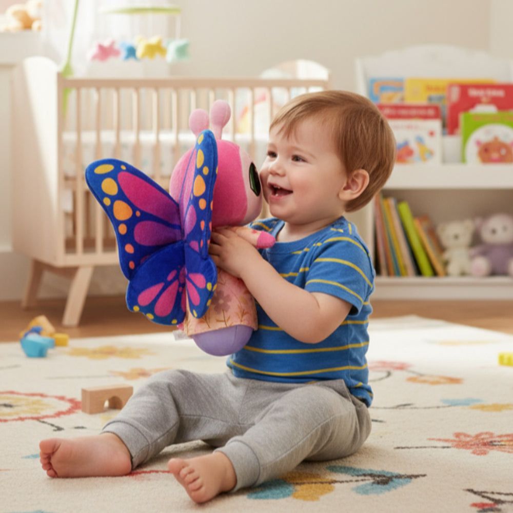 Child playing with a butterfly toy in a nursery