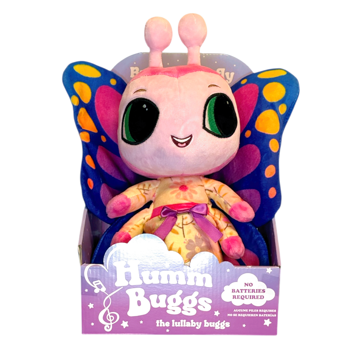 Plush toy in packaging with 'Humm Buggs' branding on a white background