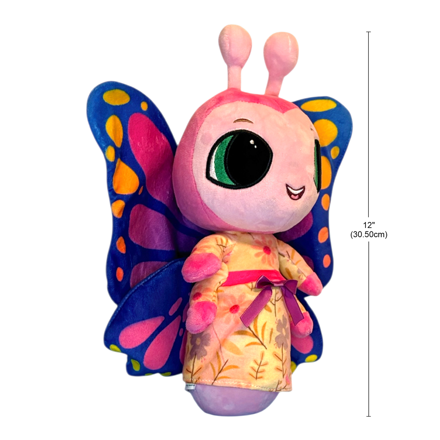 Colorful butterfly-shaped plush toy with a measurement label on a white background