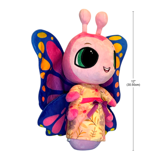 Colorful butterfly-shaped plush toy with a measurement label on a white background
