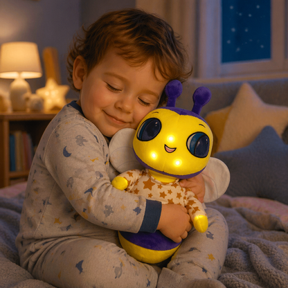 Child holding a yellow and purple toy with a light-up face in a cozy room.
