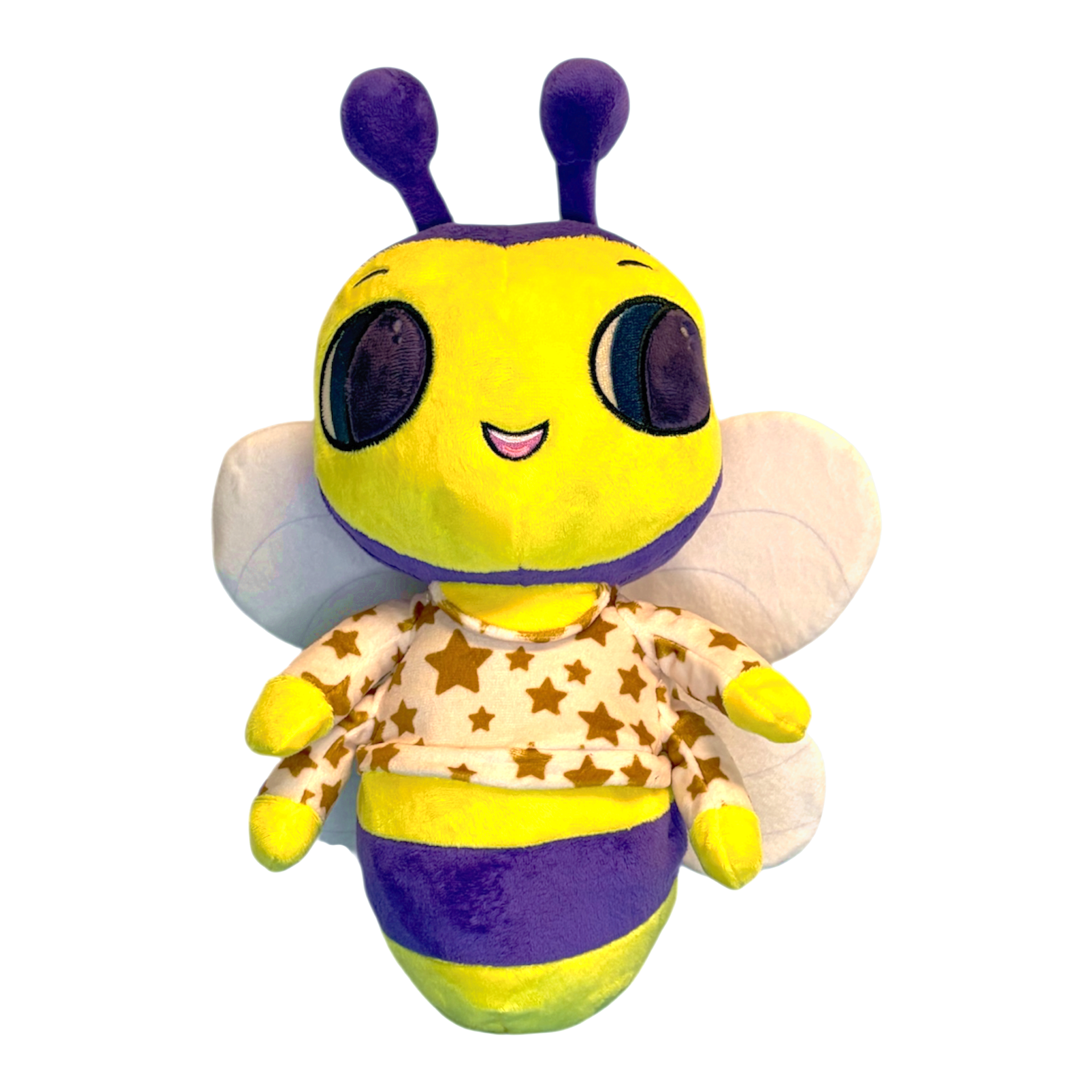 Plush toy bee with a smiling face on a white background
