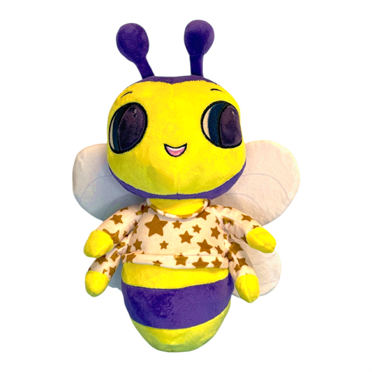 Plush toy bee with a smiling face on a white background