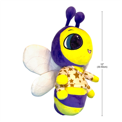 Plush toy with bee design and measurement label on a white background