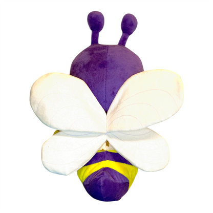 Plush toy shaped like a bee with purple body, white wings, and yellow stripes on a white background