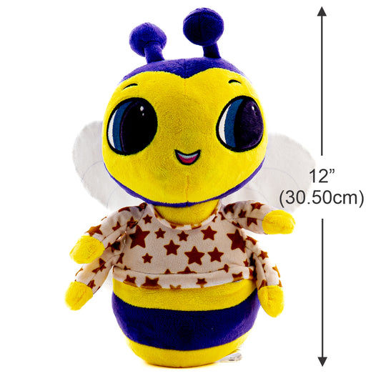A musical plush toy, Billie Bumblebee hums the lullaby, You Are My Sunshine. Billie Bumblebee is pictured as a front view with measurements, it stands 12 inches tall from the bottom to the top of its antenna. Billie Bumblebee plushie is ultra soft and is shown in bright yellow and purple with white wings wearing a cream colored pajama top adorned with stars. Billie Bumblebees face also lights up with a soft soothing glow.