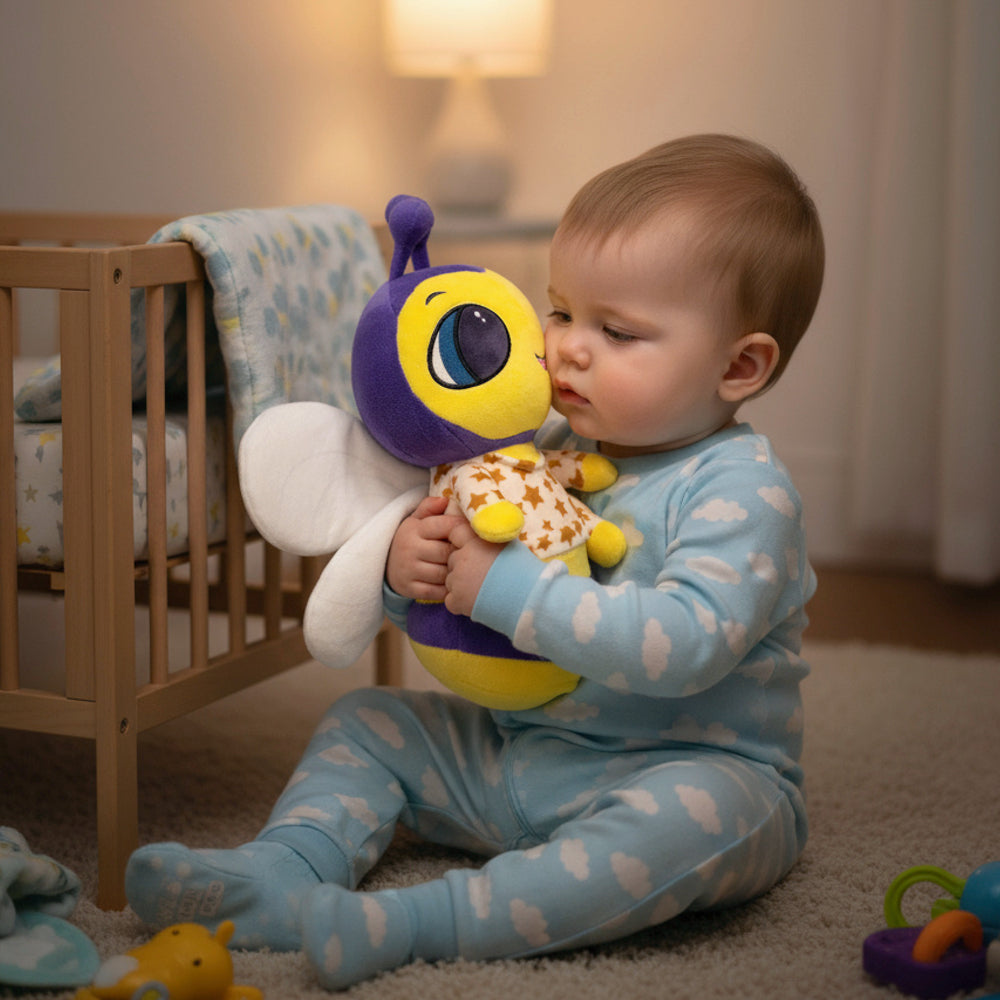 Baby in a blue onesie with white cloud patterns holding a colorful butterfly toy in a nursery.