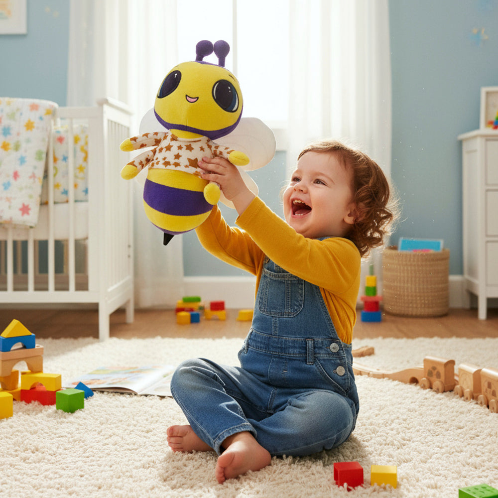 Child playing with a plush bee toy in a nursery