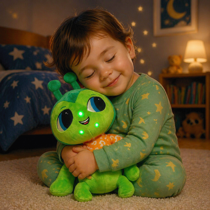 Happy child holding a green plush toy cricket with glowing eyes in a bedroom setting.