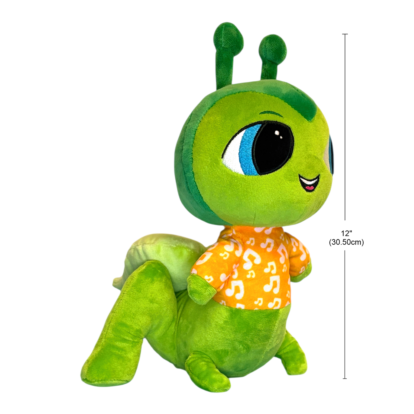 Green plush toy with a size measurement label on a white background