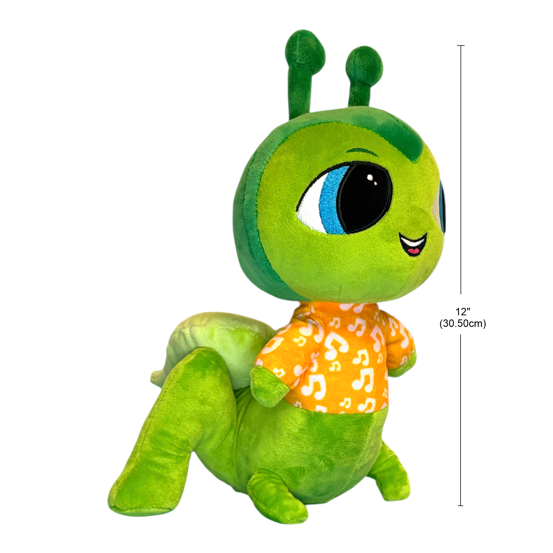 Green plush toy with a size measurement label on a white background