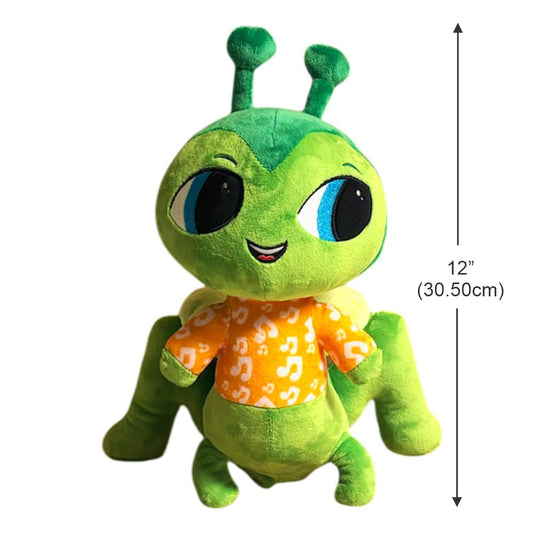 A musical plush toy, Colbie Cricket hums the lullaby, Hush Little Baby. Colbie Cricket is pictured as a front view with measurements, it stands 12 inches tall from the bottom to the top of its antenna. Colbie Cricket plushie is ultra soft and is a combination of emerald green, light green and a mint green wearing a light orange pajama top with music symbols. Colbie Crickets face also lights up with a soft soothing glow.
