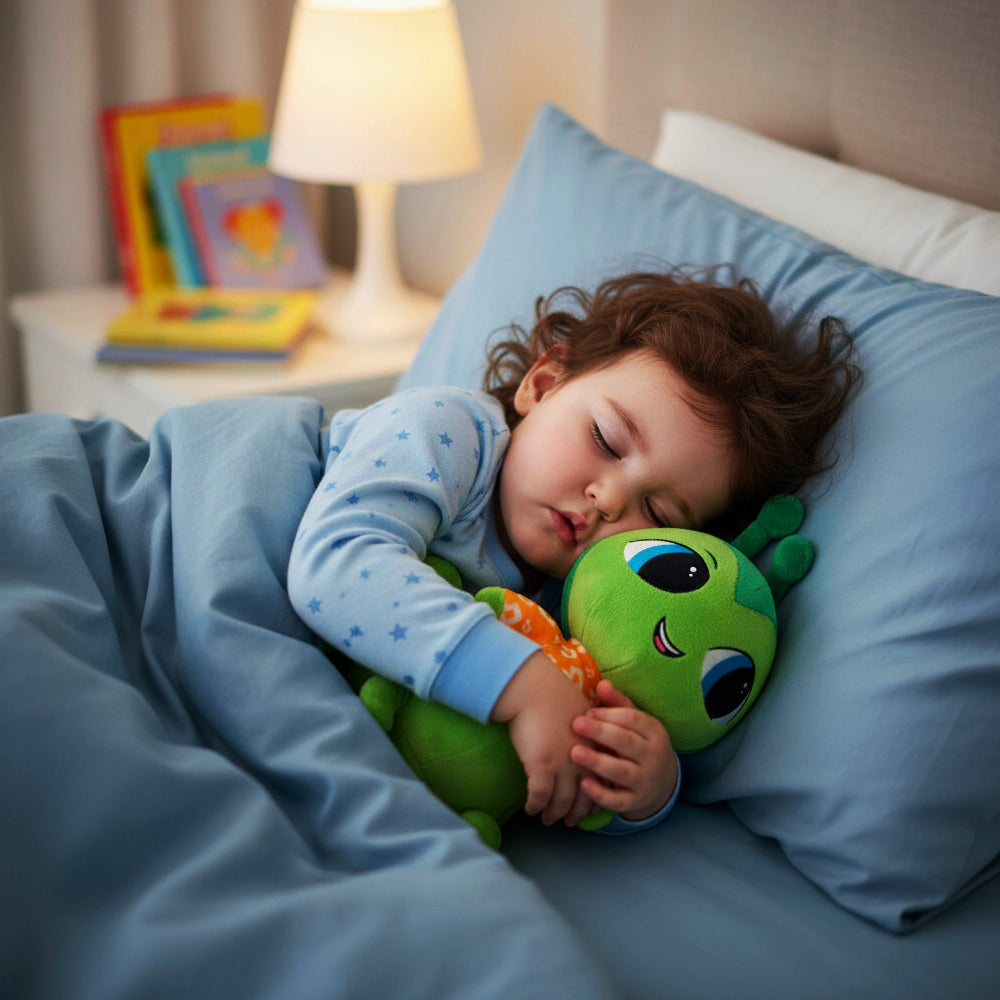 Child sleeping in bed with a green plush toy, surrounded by books and a lamp.