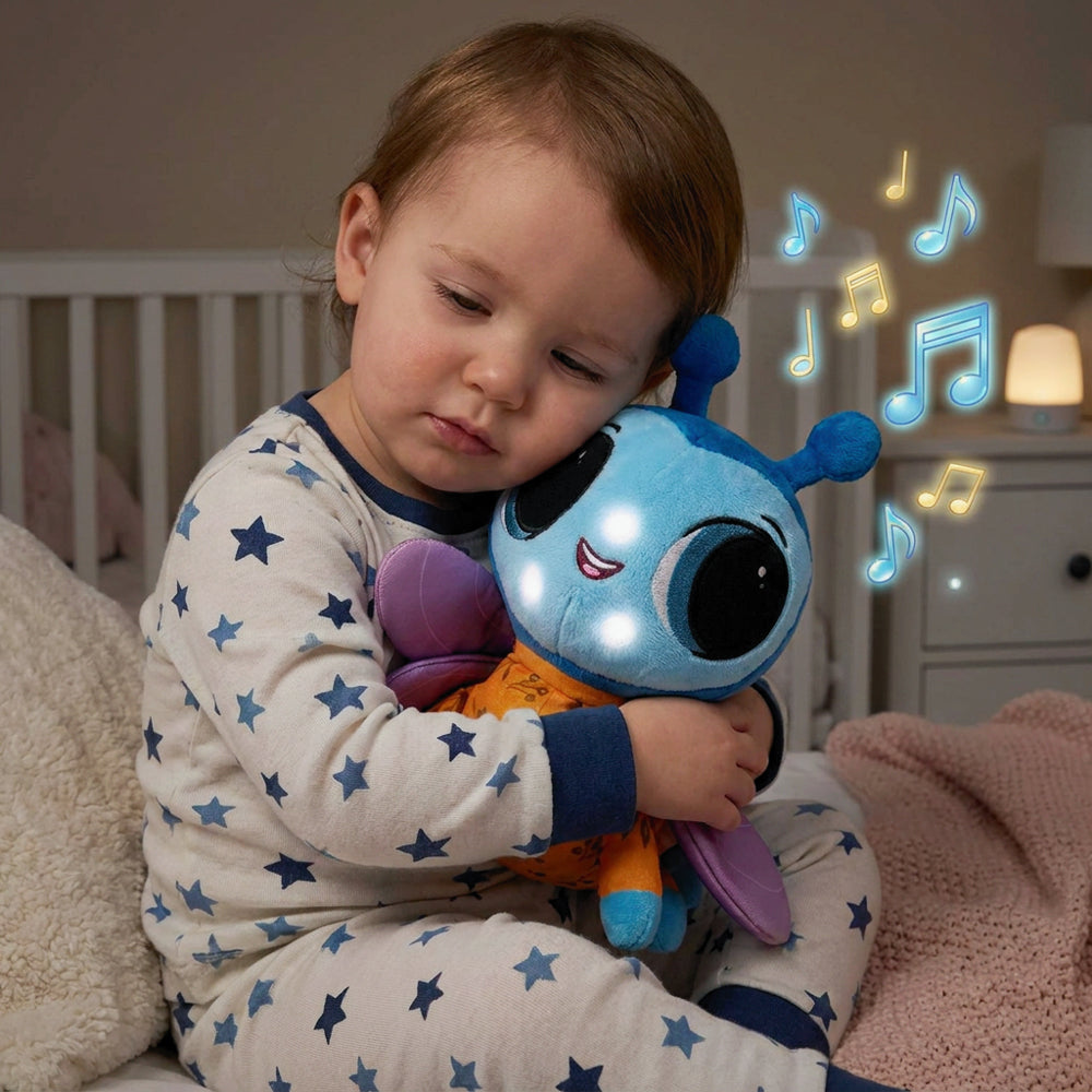 Child holding a blue plush toy dragonfly with musical notes around it in a bedroom setting.