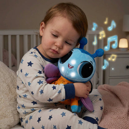 Child holding a blue plush toy dragonfly with musical notes around it in a bedroom setting.