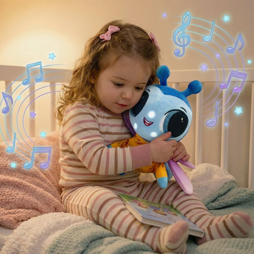 Child holding a plush toy with musical notes around it, sitting on a bed.