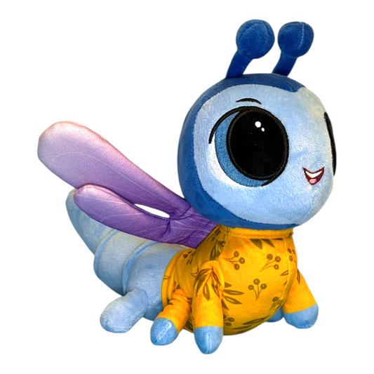Plush toy with a blue and purple insect design on a white background