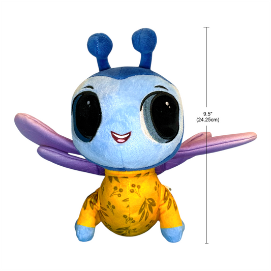 Plush toy with blue head and purple wings on a white background