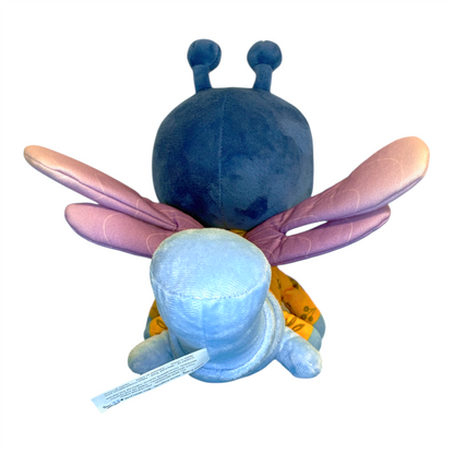Plush toy with blue and pink colors on a white background