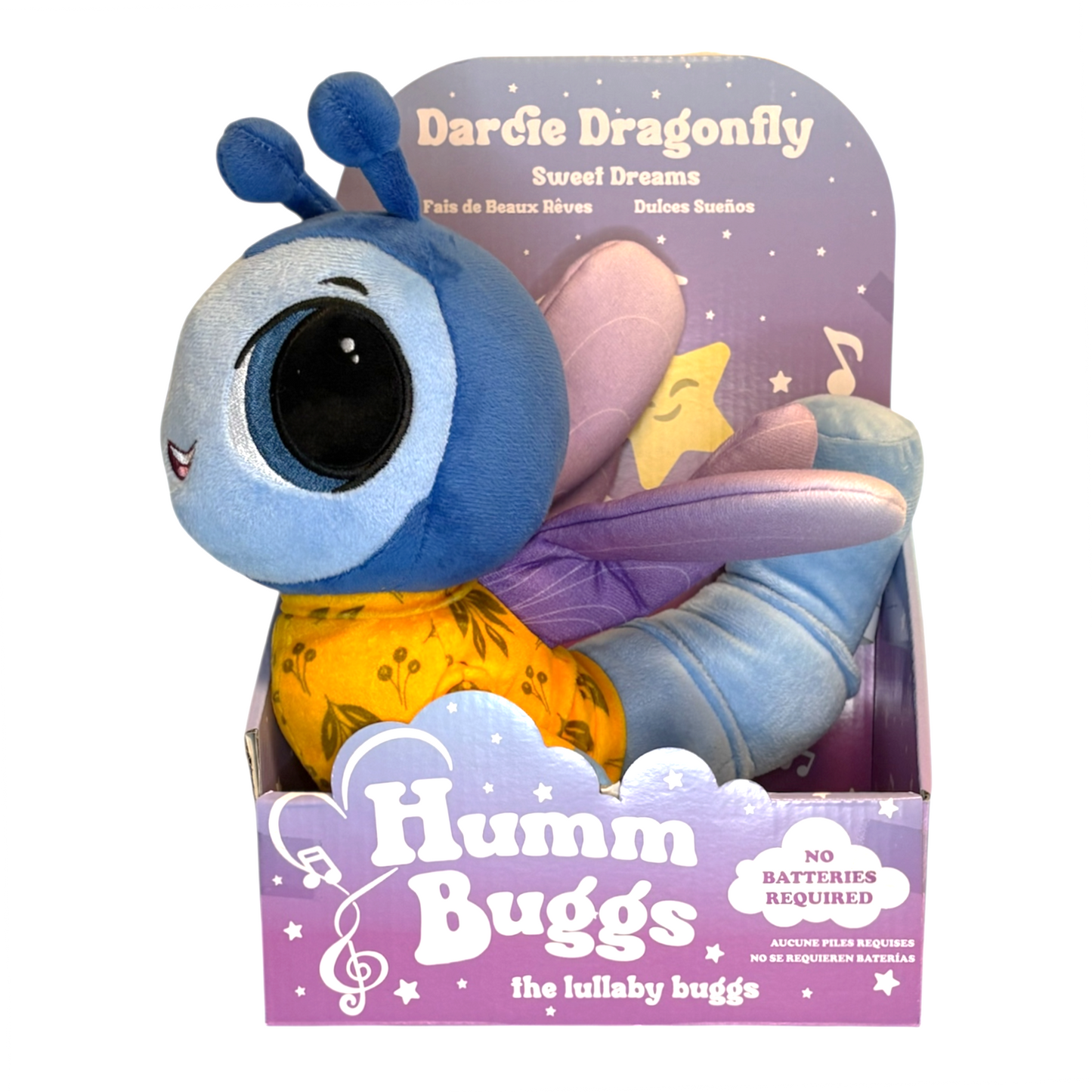 Plush toy dragonfly with packaging featuring 'Humm Buggs' branding on a white background