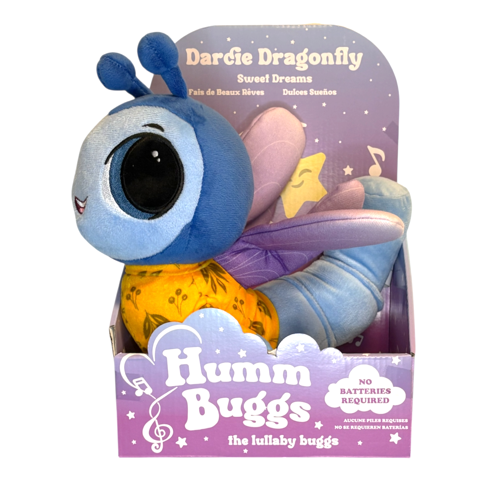 Plush toy dragonfly with packaging featuring 'Humm Buggs' branding on a white background