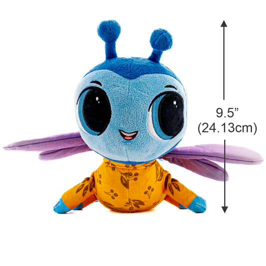 A musical plush toy, Darcie Dragonfly hums the lullaby, Sweet Dreams. Darcie Dragonfly is pictured as a front view with measurements, it stands 9.5 inches tall from the bottom to the top of its antenna. Lexie Ladybug plushie is ultra soft and is shown in light blue, blue. with light purple wings wearing a light orange pajama top with floral designs. Darcie Dragonflies face also lights up with a soft soothing glow.