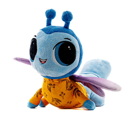 A musical plush toy, Darcie Dragonfly hums the lullaby, Sweet Dreams. Darcie Dragonfly is pictured as a side view, it stands 9.5 inches tall from the bottom to the top of its antenna. Lexie Ladybug plushie is ultra soft and is shown in light blue, blue. with light purple wings wearing a light orange pajama top with floral designs. Darcie Dragonflies face also lights up with a soft soothing glow.