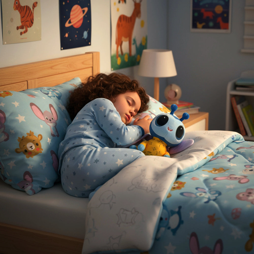 Child sleeping in a bed with colorful bedding and toys, surrounded by children's posters on the wall.