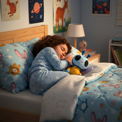 Child sleeping in a bed with colorful bedding and toys, surrounded by children's posters on the wall.