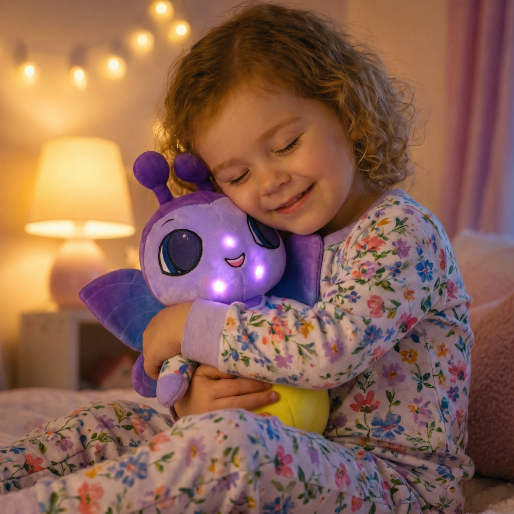 Child holding a purple animated plush toy in a cozy room with soft lighting