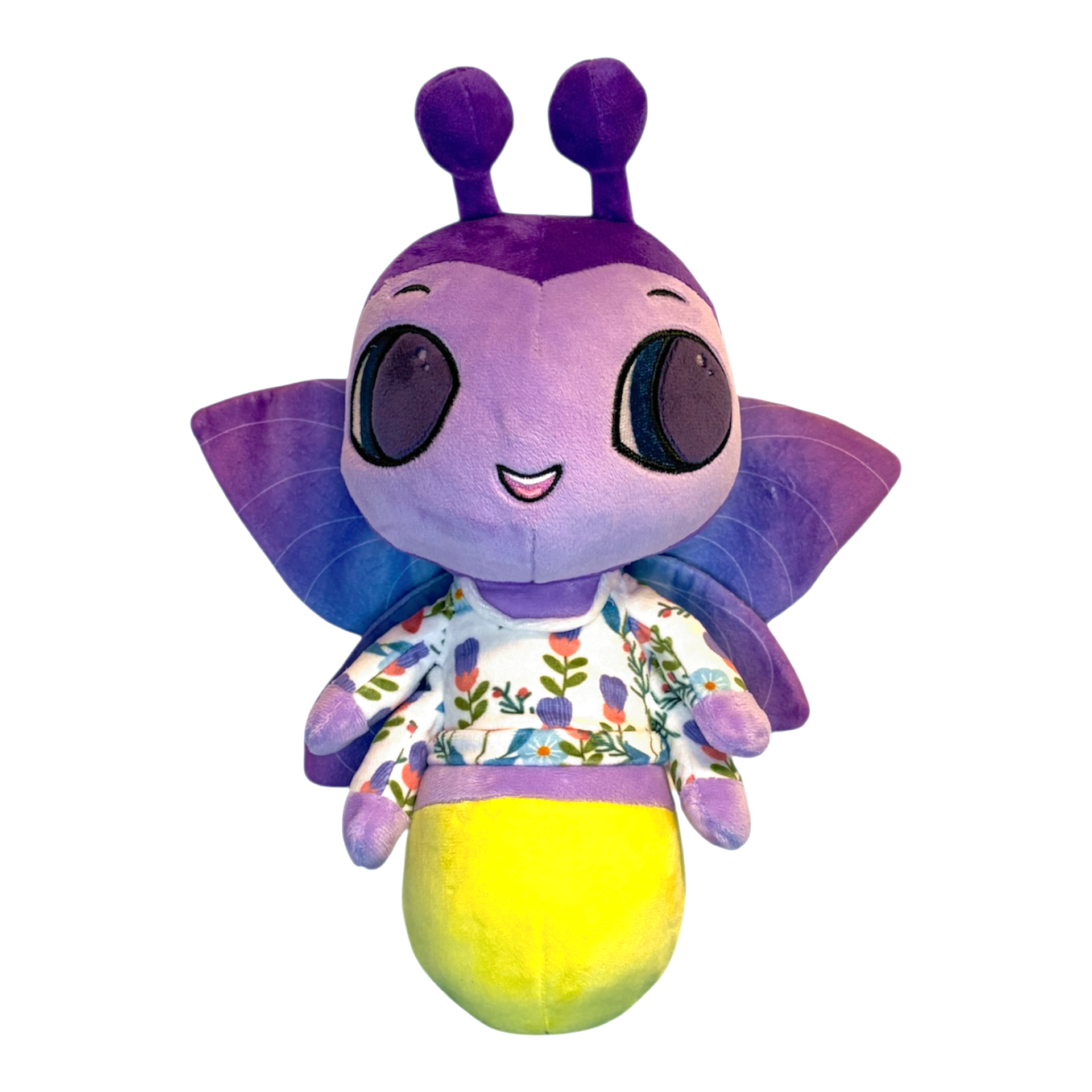 Plush toy with purple head and blue wings on a white background