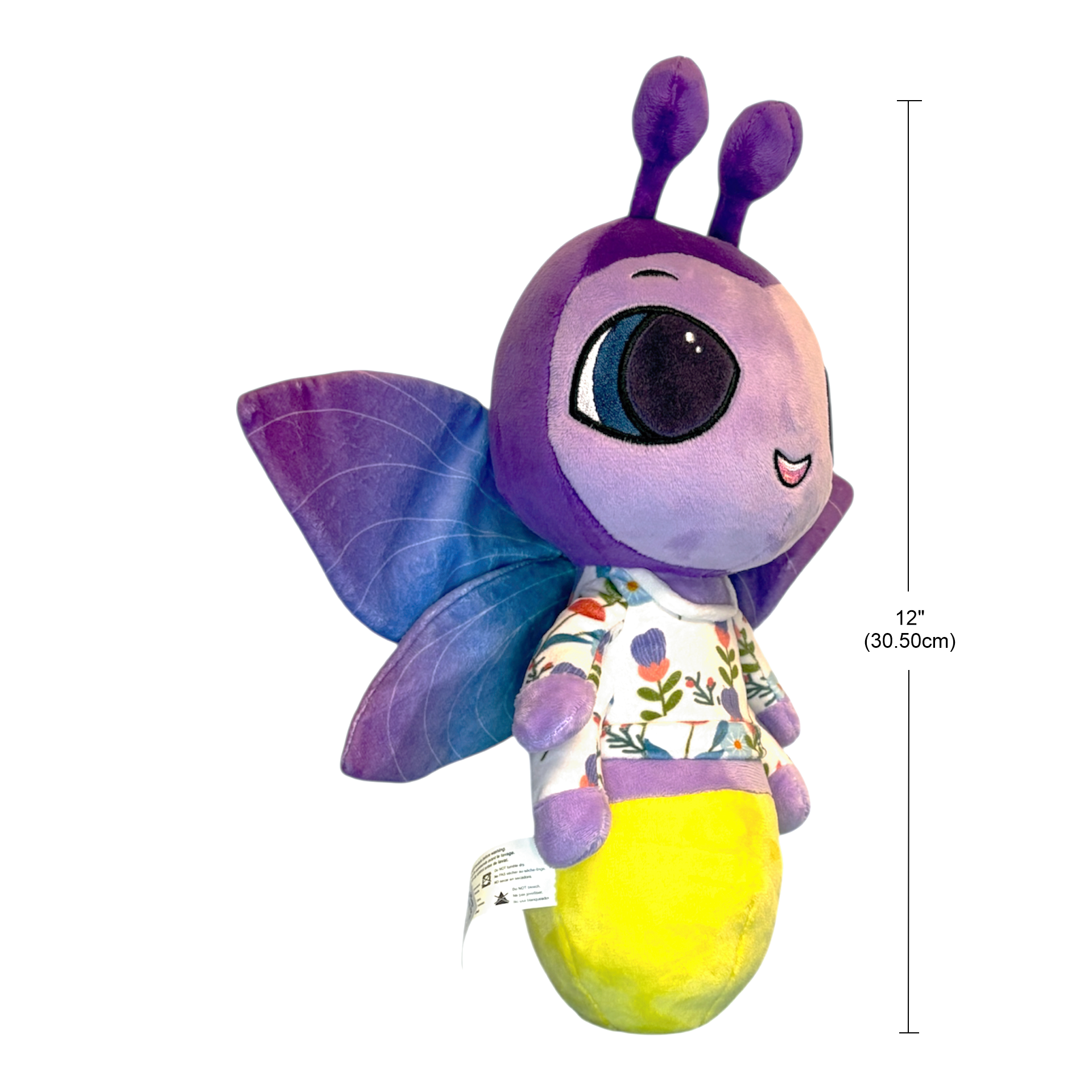 Plush toy with butterfly design and size measurement label on a white background