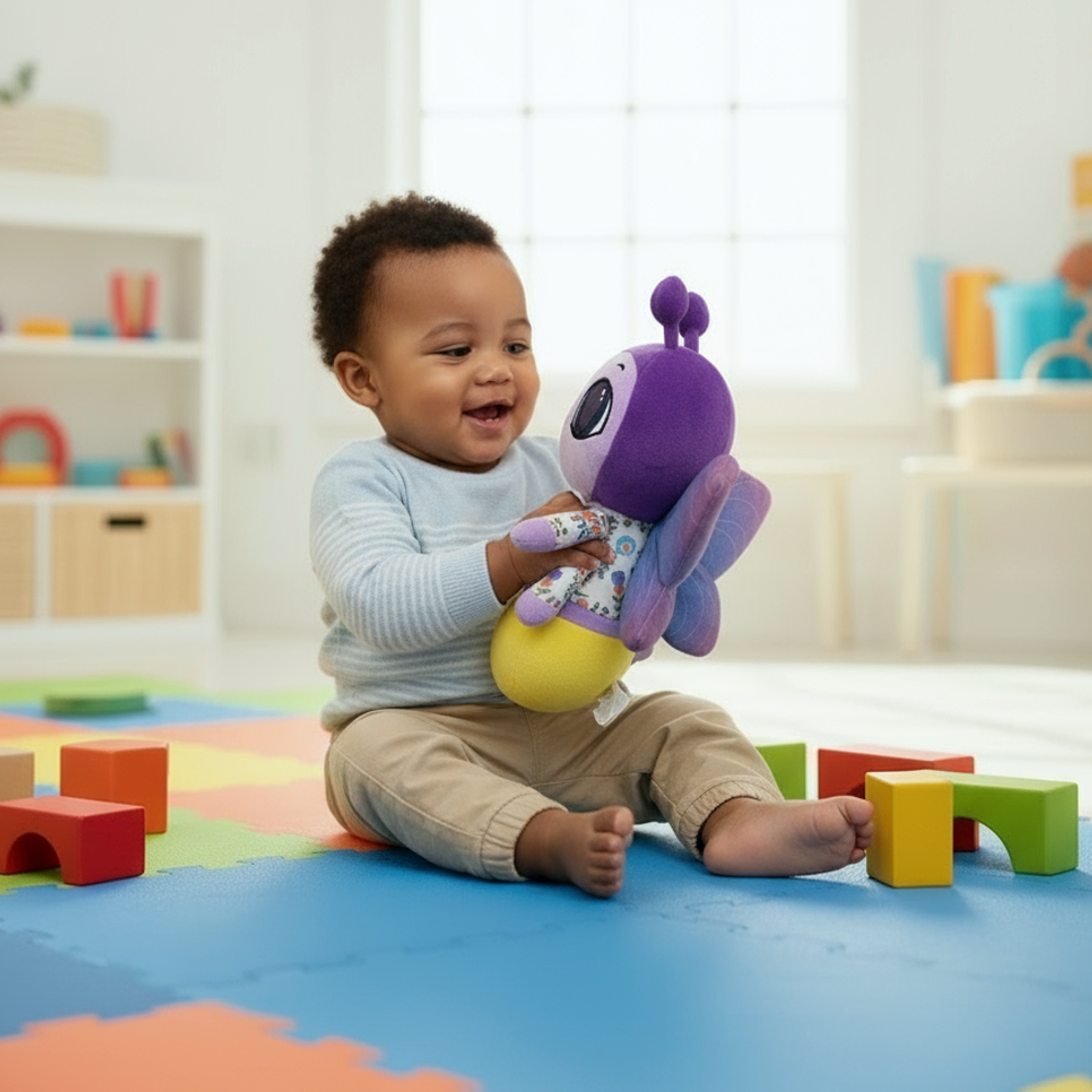 Child playing with a purple toy in a colorful playroom