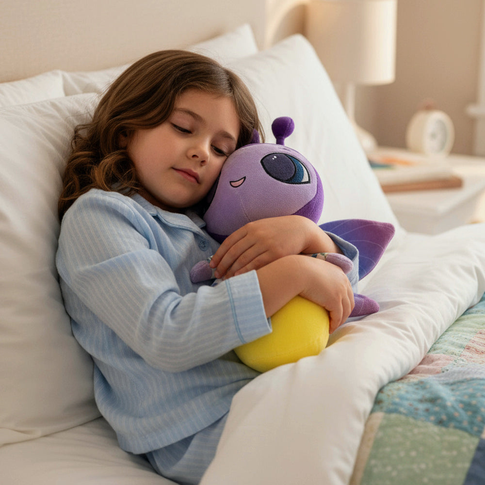 Child in bed holding a purple plush toy with a yellow belly.