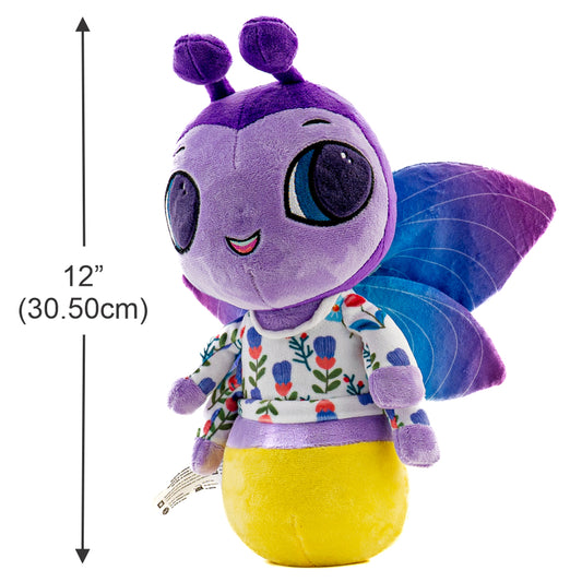 A musical plush toy, Frankie Firefly hums the lullaby, Twinkle Twinkle Little Star. Frankie Firefly is pictured as a front view with measurements, it stands 12 inches tall from the bottom to the top of its antenna. Frankie Firefly plushie is ultra soft and is shown in dark and light purple with a yellow bottom, with blue and purple wings wearing a white pajama top with flowers. Frankie Fireflies face also lights up with a soft soothing glow.