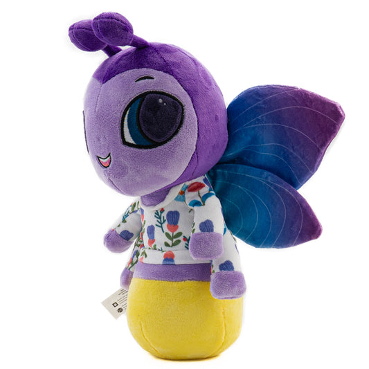 A musical plush toy, Frankie Firefly hums the lullaby, Twinkle Twinkle Little Star. Frankie Firefly is pictured as a side view, it stands 12 inches tall from the bottom to the top of its antenna. Frankie Firefly plushie is ultra soft and is shown in dark and light purple with a yellow bottom, with blue and purple wings wearing a white pajama top with flowers. Frankie Fireflies face also lights up with a soft soothing glow.