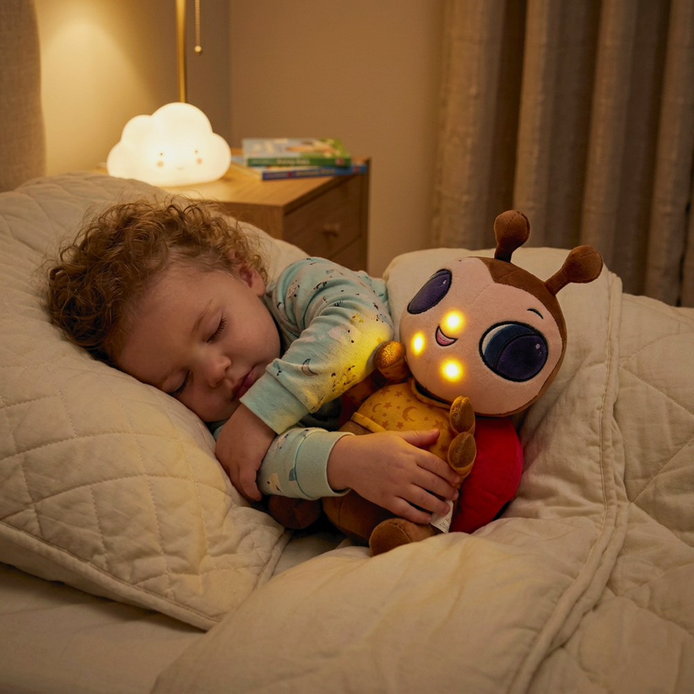 Child sleeping in bed with Lexie Ladybug a glowing plush toy