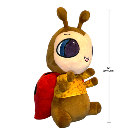Plush toy Lexie ladybug with measurement label on a white background