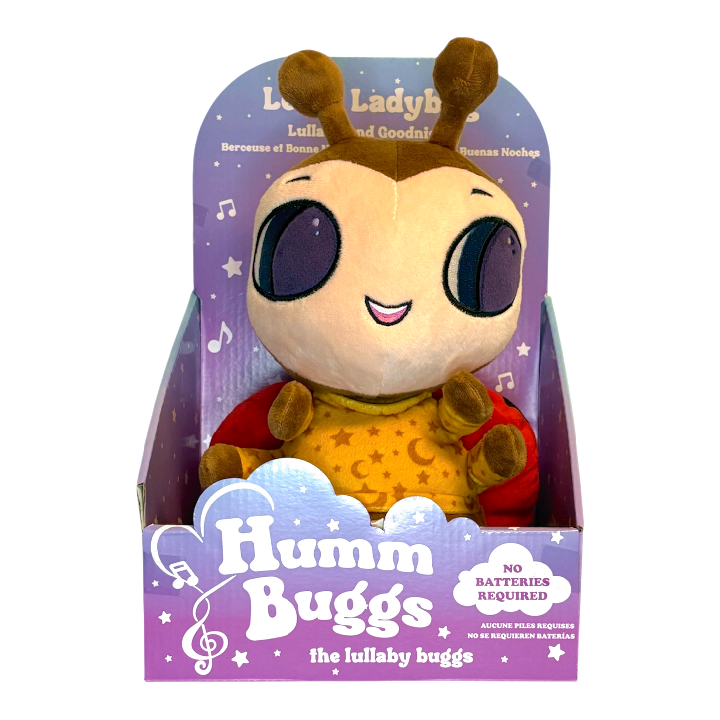 Plush toy in packaging with 'Humm Buggs' branding on a white background Lexie Ladybug 