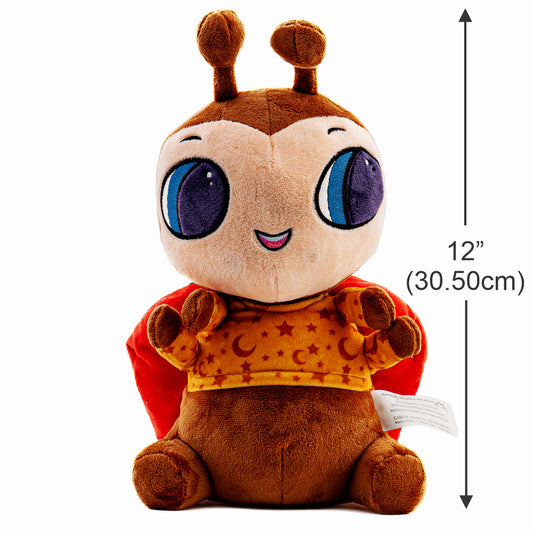 A musical plush toy, Lexie Ladybug hums the lullaby, Lullaby and Goodnight. Lexie Ladybug is pictured as a front view with measurements, it stands 12 inches tall from the bottom to the top of its antenna. Lexie Ladybug plushie is ultra soft and is shown in light brown, brown. with red and black wings wearing a light orange pajama top with stars and crescent moons. Lexie Ladybugs face also lights up with a soft soothing glow.