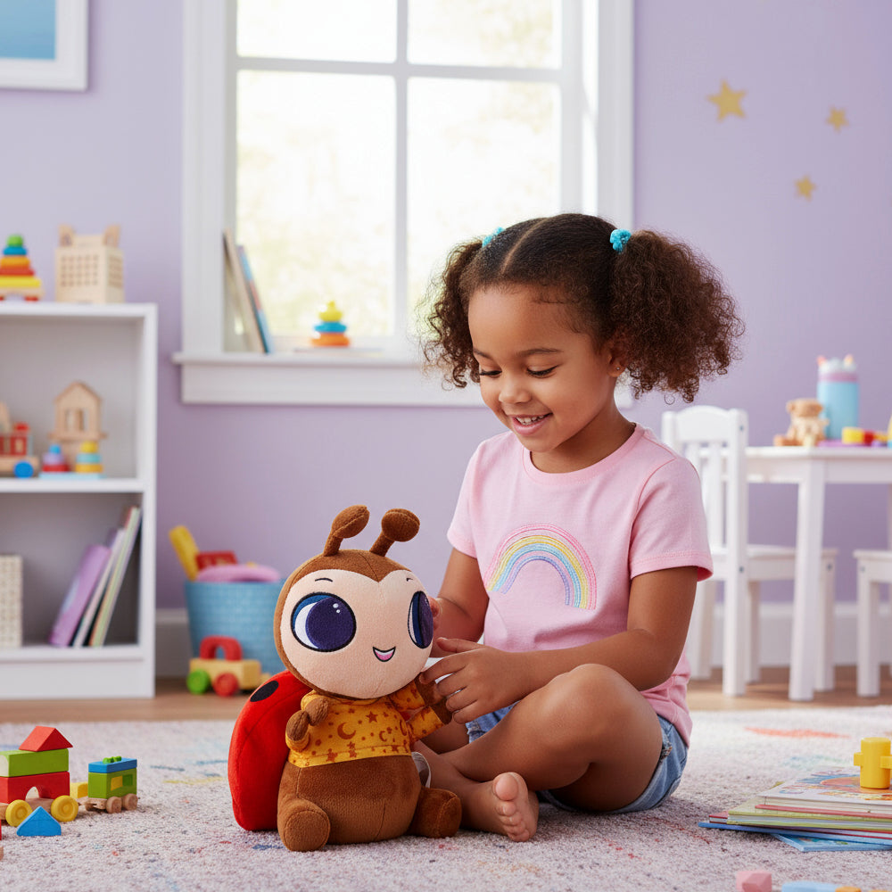 Child playing with a plush toy Lexie Ladybug in a colorful room