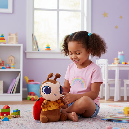 Child playing with a plush toy Lexie Ladybug in a colorful room