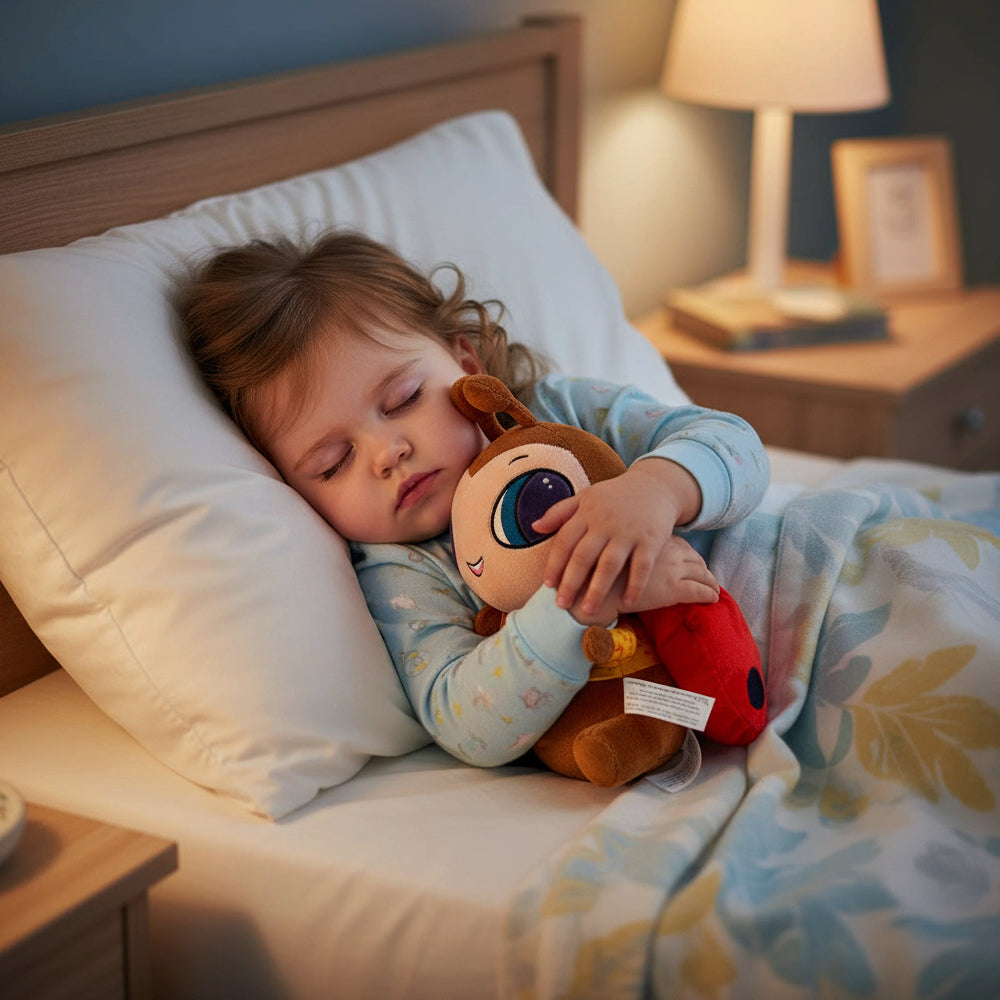 Child sleeping in bed with a plush toy, Lexie Ladybug surrounded by soft lighting.